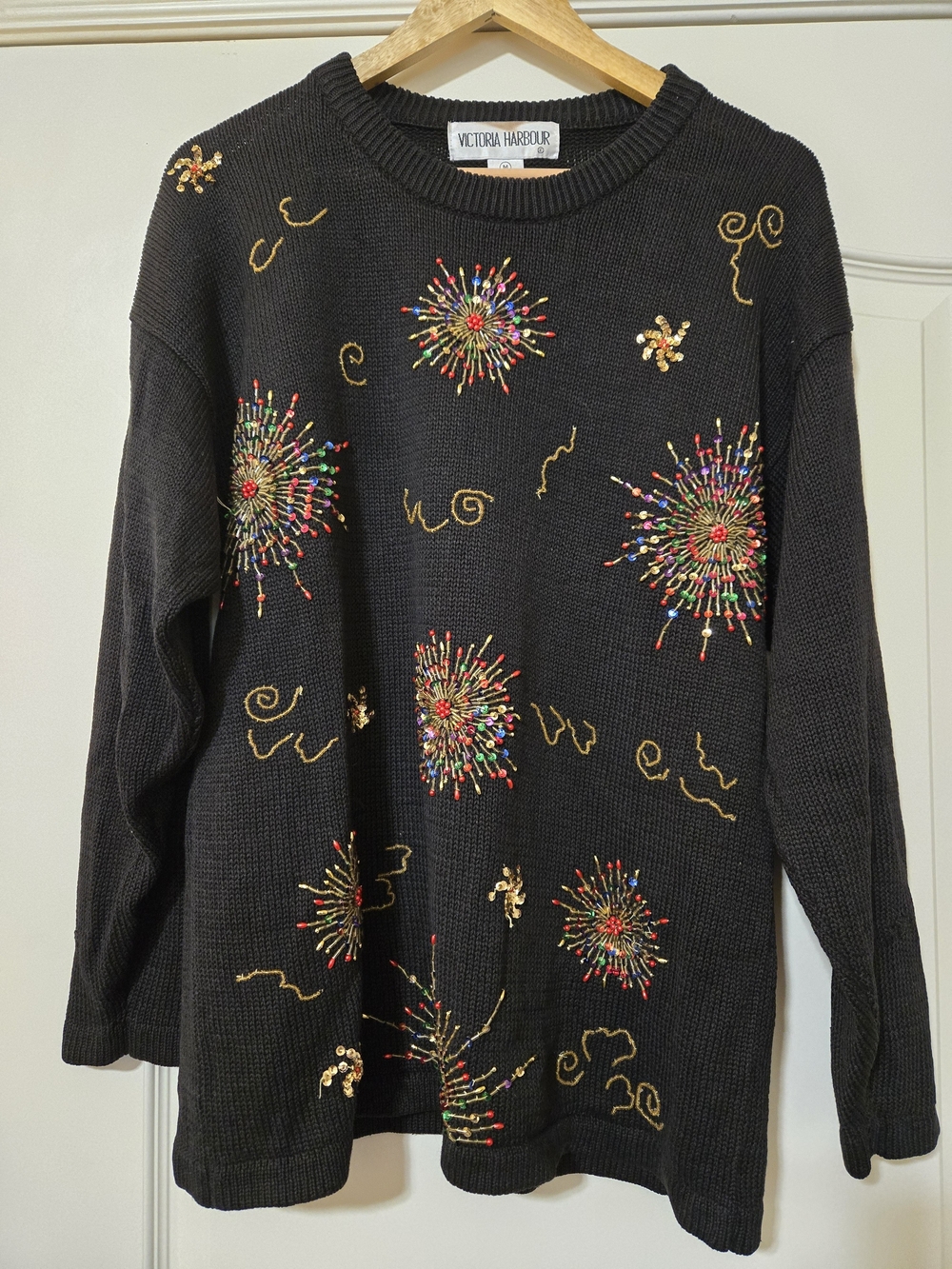 Victoria Harbour Black Embellished Beaded Crewneck Sweater